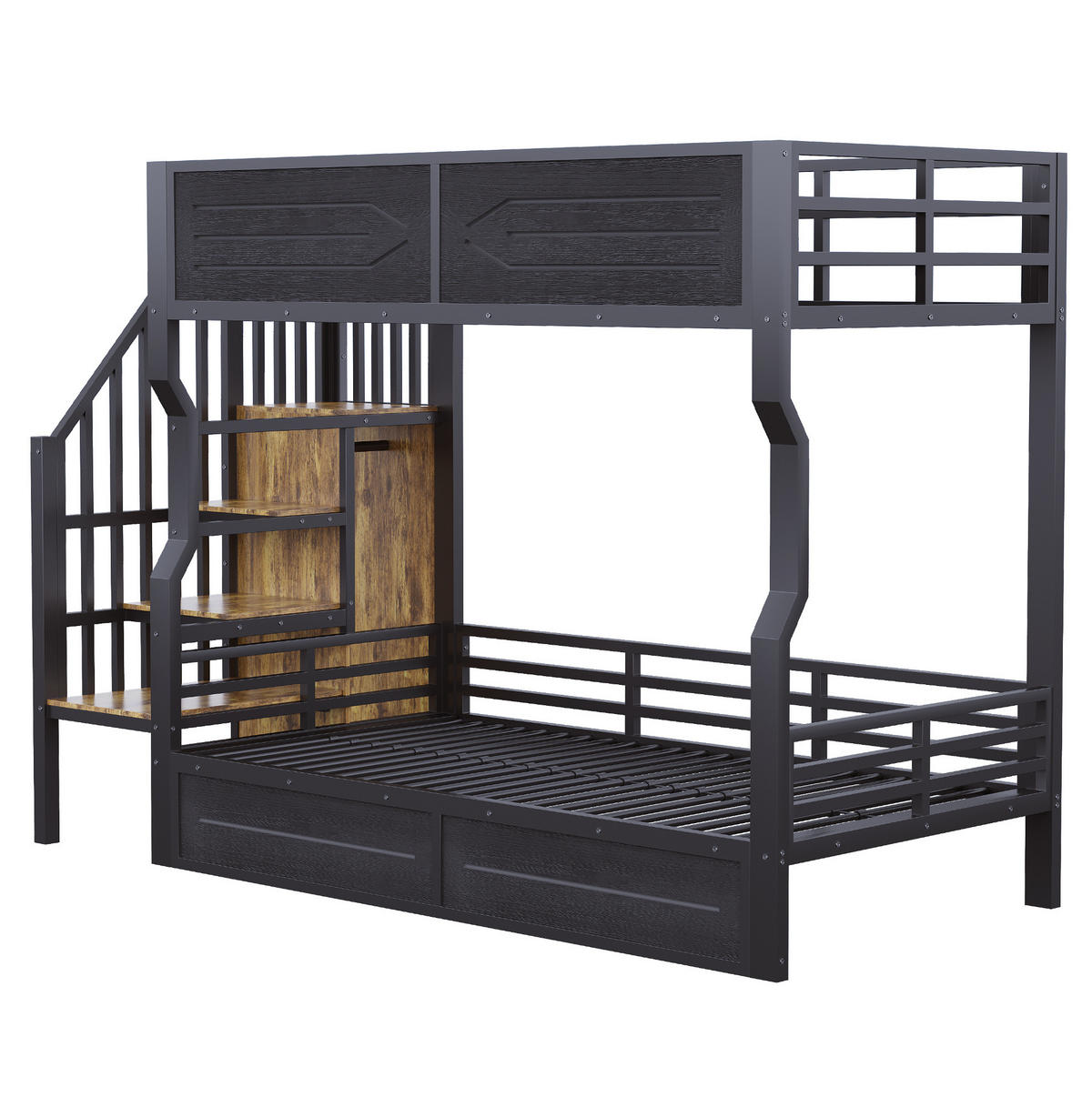 ETAGENBETT 90/200 cm schwarz aus Metall und MDF mit Stauraumtreppe und LED - Schwarz, Metall (90/200cm) - OKWISH