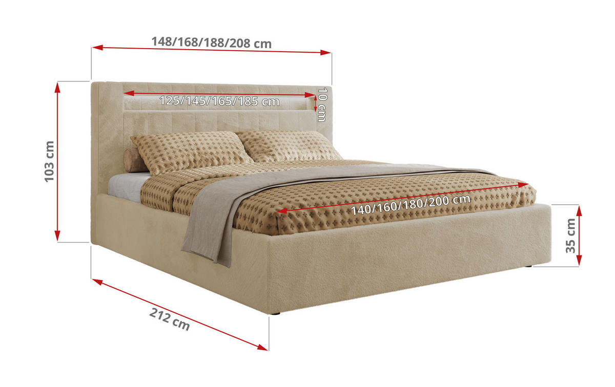 POLSTERBETT GOLD 5 CLASSIC 140/200 - Creme Plüsch - ohne Matratze - Creme, Textil (140/200cm) - MKS