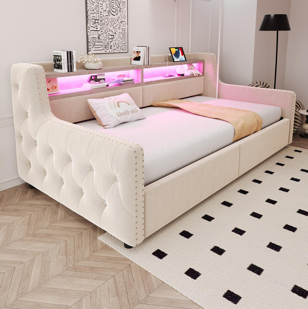 POLSTERBETT 90/200 cm aus Samt mit LED-Beleuchtung, Beige - Beige, Textil (90/200cm) - OKMYHOME
