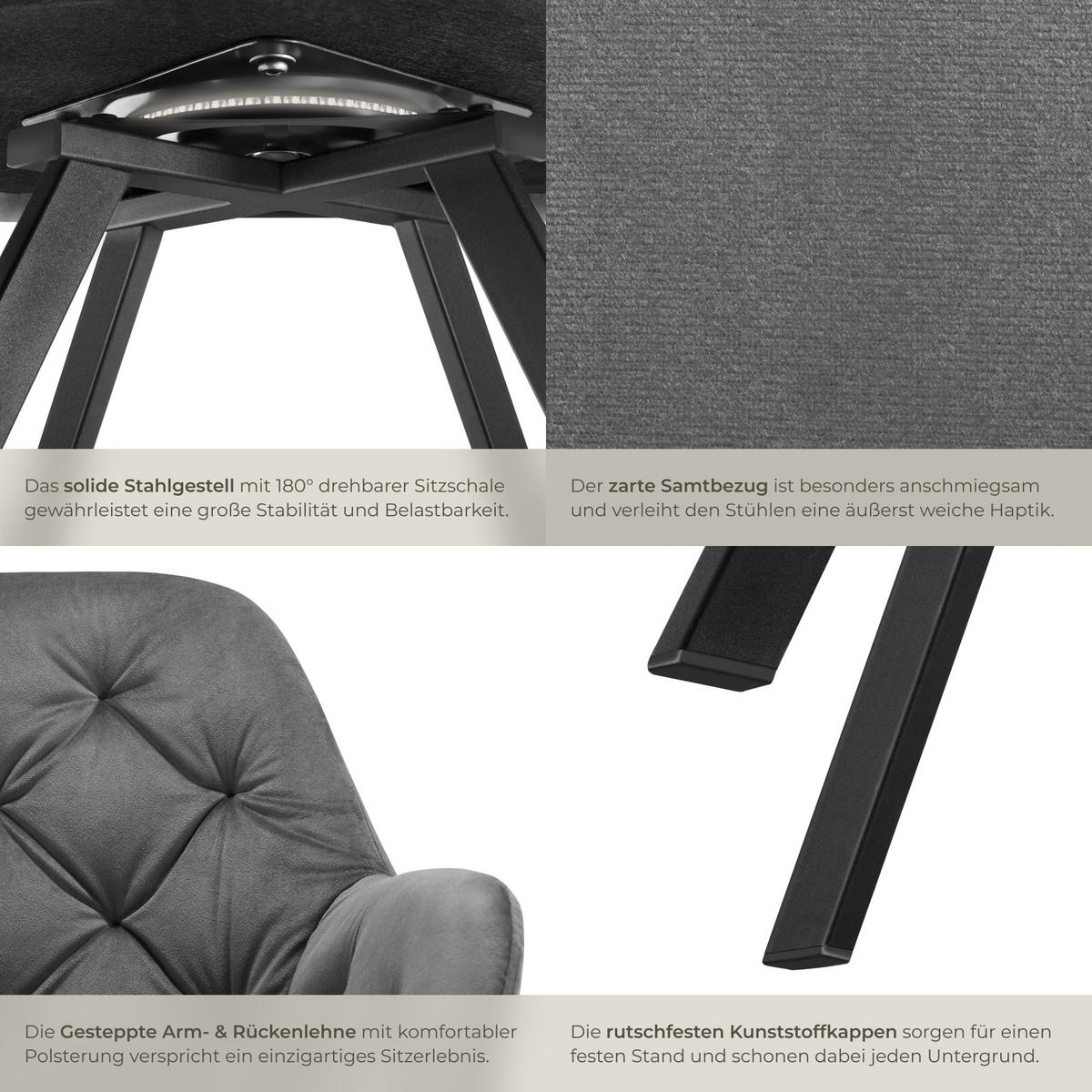 ARMLEHNSTUHL Samt Drehbarer 4er Set Lucia 58 x 58 x 87 cm anthrazit - Anthrazit, Kunststoff (58/87/58cm) - tectake