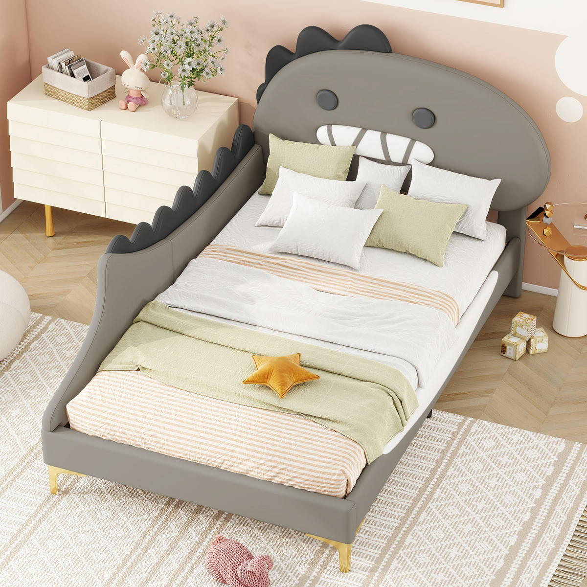 KINDERBETT 90/200 cm in Grau aus PU mit Dinosaurier-Design - Grau, Kunststoff (90/200cm) - Flora Grace