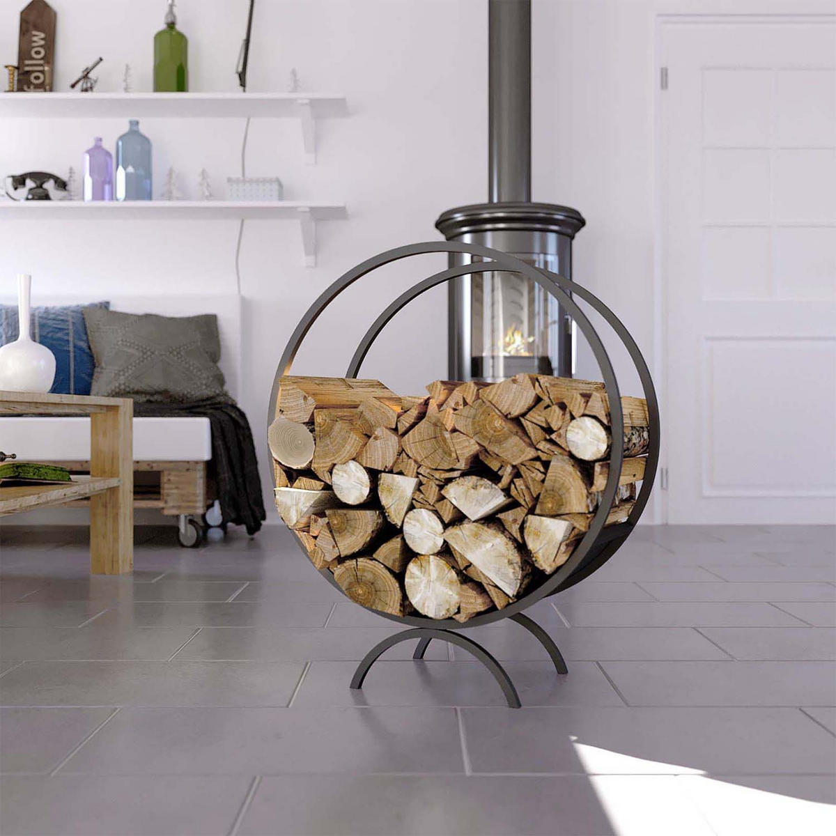 KAMINHOLZSTÄNDER rund - Stahl, Schwarz - Ø 60cm - Schwarz, Metall (60/70/25cm) - holz4home