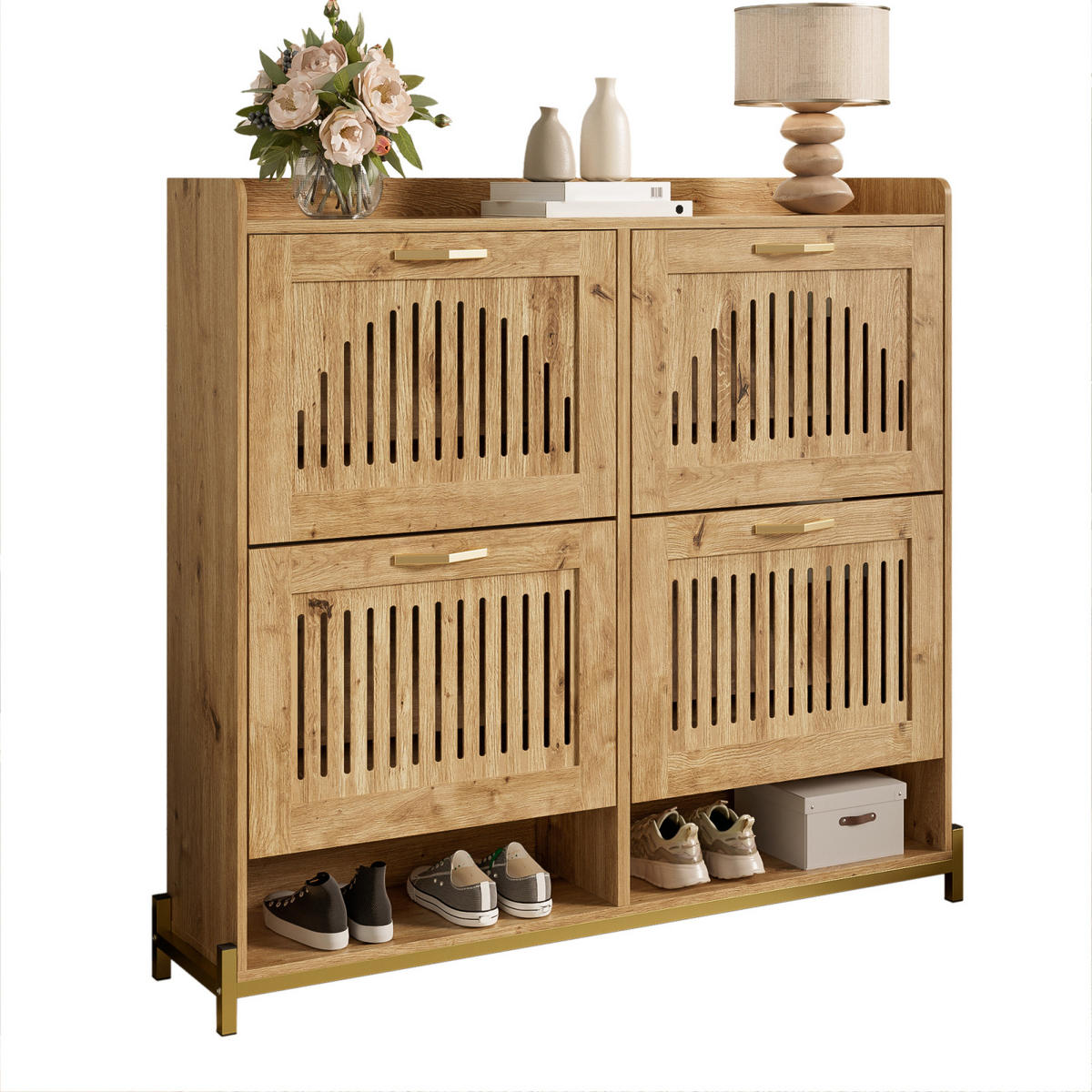 SCHUHSCHRANK in Holzoptik mit 4 Klappen, Schuhkommode für Flur und Schlafzimmer - Naturfarben, Holz (108/100/24cm) - PARAFTA HOME