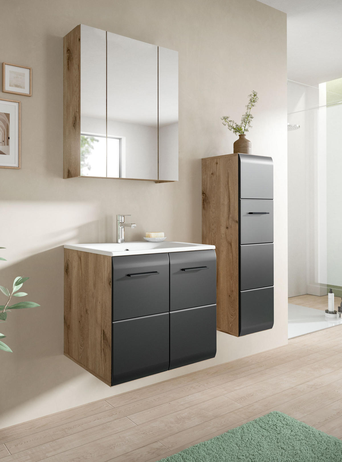 BADMÖBEL-SET 3-teilig Schwarz matt und Eiche, Badezimmer Komplett-Set mit Waschbecken, 105 x 185 cm - Eichefarben/Schwarz, Glas/Keramik (105/185/46cm) - Inn.Furn