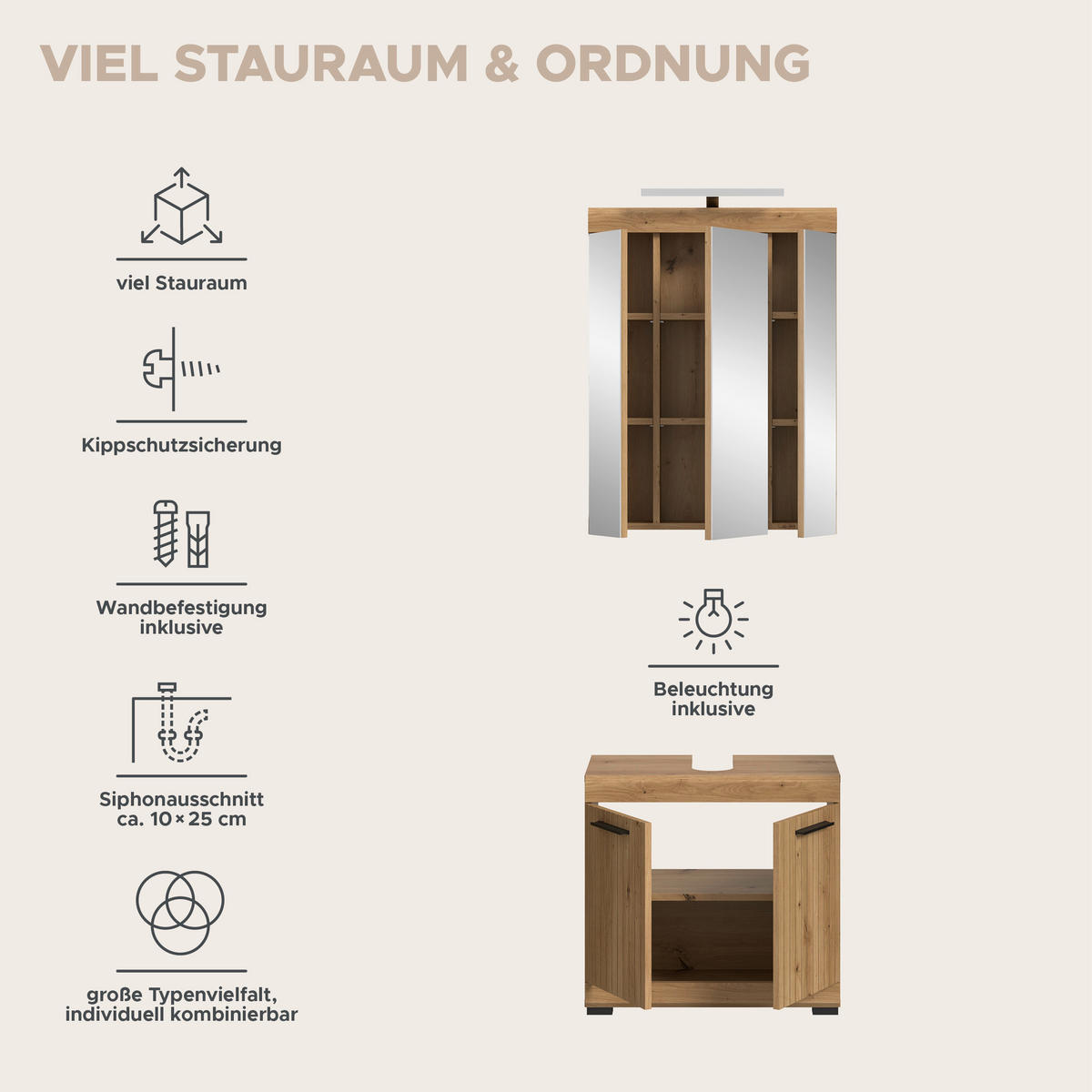BADEZIMMER Vento 3-tlg. (B/H/T: ca. 60/191/34 cm) in Artisan Eiche /Artisan Eiche - Eiche Artisan, Holz (60/191/34cm)