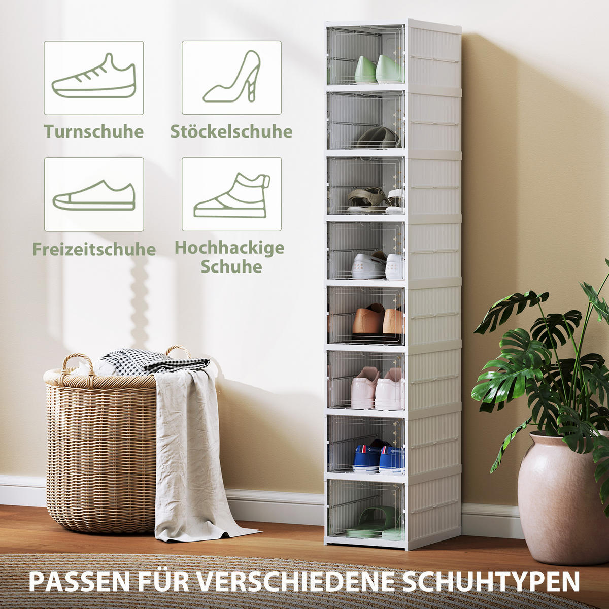 SCHUHBOXEN Stapelbare, Faltbar 8 Stück Schuh-Organizer mit Transparenten Türen - Weiß, Kunststoff (26/140/35cm) - HOMCOM