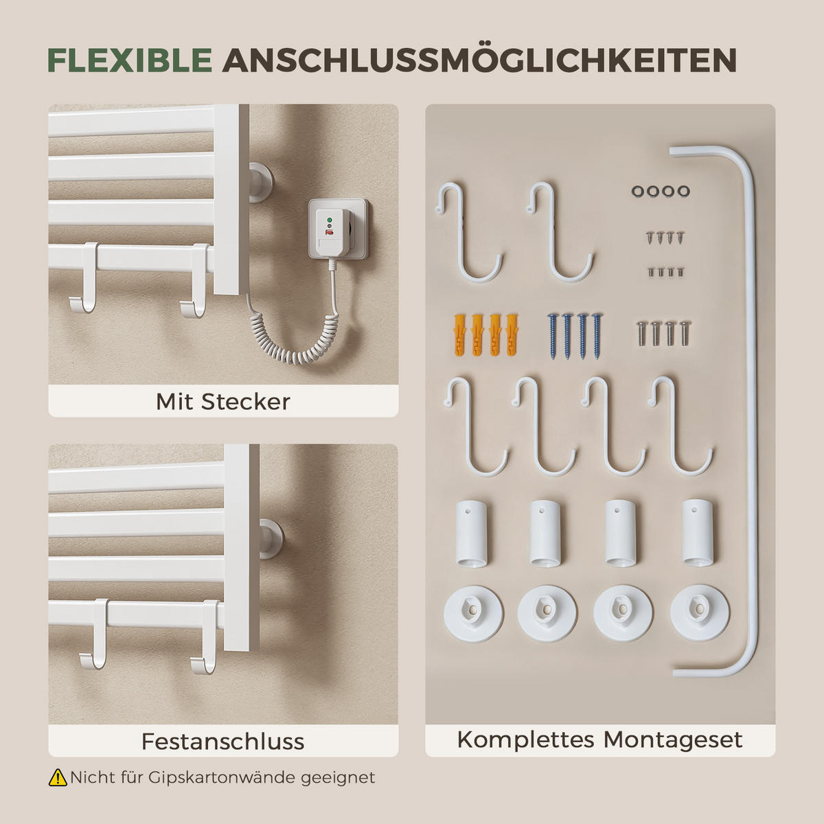 HANDTUCHHEIZKÖRPER 45/60 cm Weiß elektrisch 155 W mit WLAN, Ablage und 6 Haken - Weiß, Metall (60/45/20cm) - S'AFIELINA