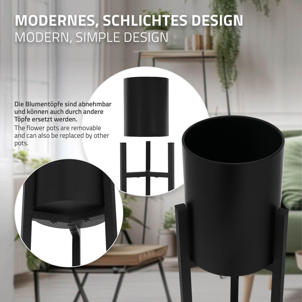 BLUMENSTÄNDER Schwarz 2er Set - Schwarz, Metall (20/20/76cm) - ML-DESIGN