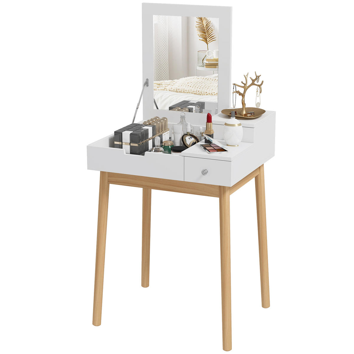 SCHMINKTISCH DE-18312 klappbarer Spiegel, 2 Schubladen, kompakt Weiß - Weiß, Holzwerkstoff (50/85.5/60cm) - ComfortXL