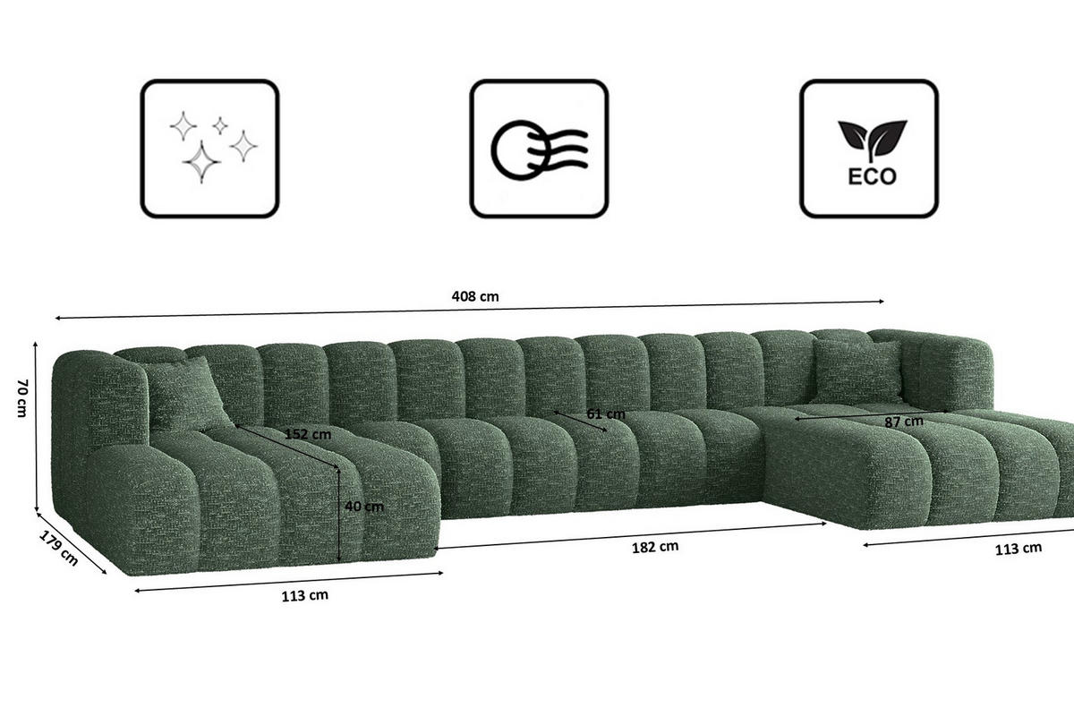 ECKSOFA U-form Grand U XL Stoff Haga Grün - Grün, Holz (179/408cm) - Kaiser Möbel