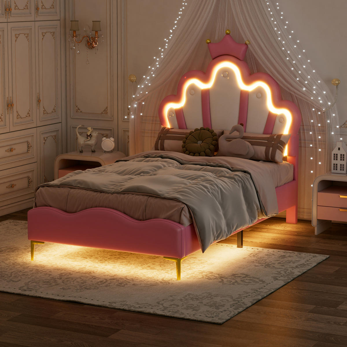KINDERBETT 90/200 cm in Rosa mit LED-Beleuchtung und gepolstertem Kopfteil - Rosa, Kunststoff (90/200cm) - BEAOK
