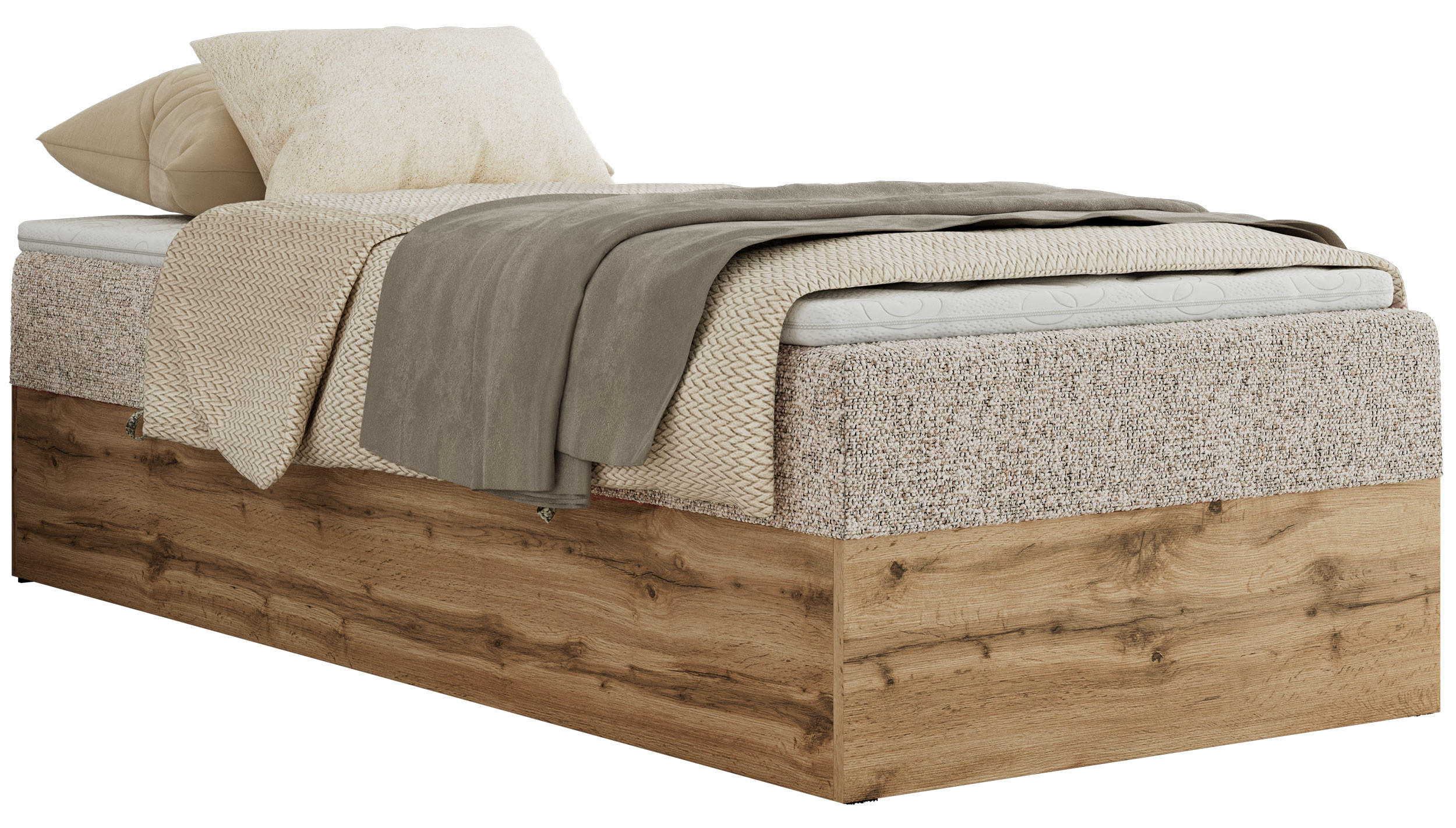 BOXBETT WOOD ZERO 90/200 - Beige Struktur - H4 - Topper Visco - Beige, Textil (90/200cm) - MKS
