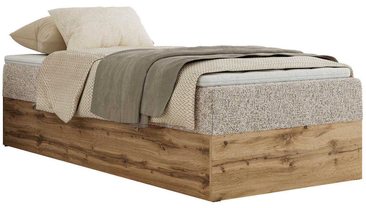 BOXBETT WOOD ZERO 90/200 - Beige Struktur - H4 - Topper Visco - Beige, Textil (90/200cm) - MKS