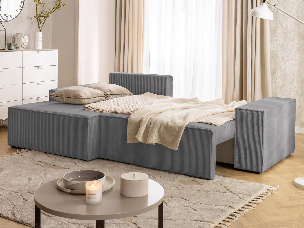 ECKSOFA Rivio mit Schlaffunktion und Bettkasten, Cordstoff Grau - Schwarz/Grau, Holz/Kunststoff (149/262cm) - S-Style
