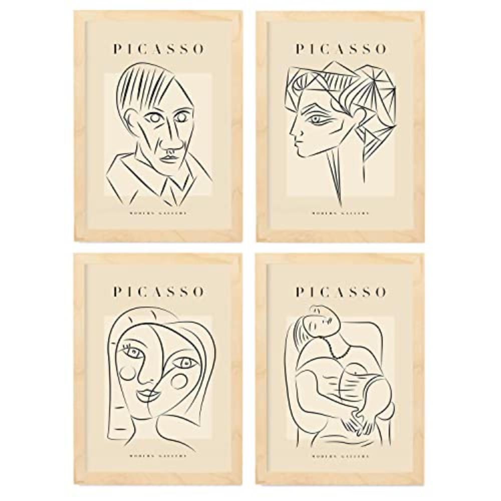 POSTER Set mit 4 PicassoSammlung von Linienporträts Ästhetische A4 Rahmen aus hellem Holz - Beige, Papier (29.7/3cm) - Nacnic