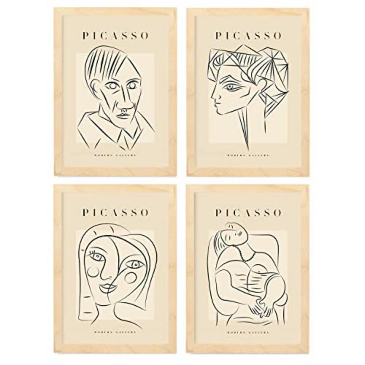 POSTER Set mit 4 PicassoSammlung von Linienporträts Ästhetische A4 Rahmen aus hellem Holz - Beige, Papier (29.7/3cm) - Nacnic