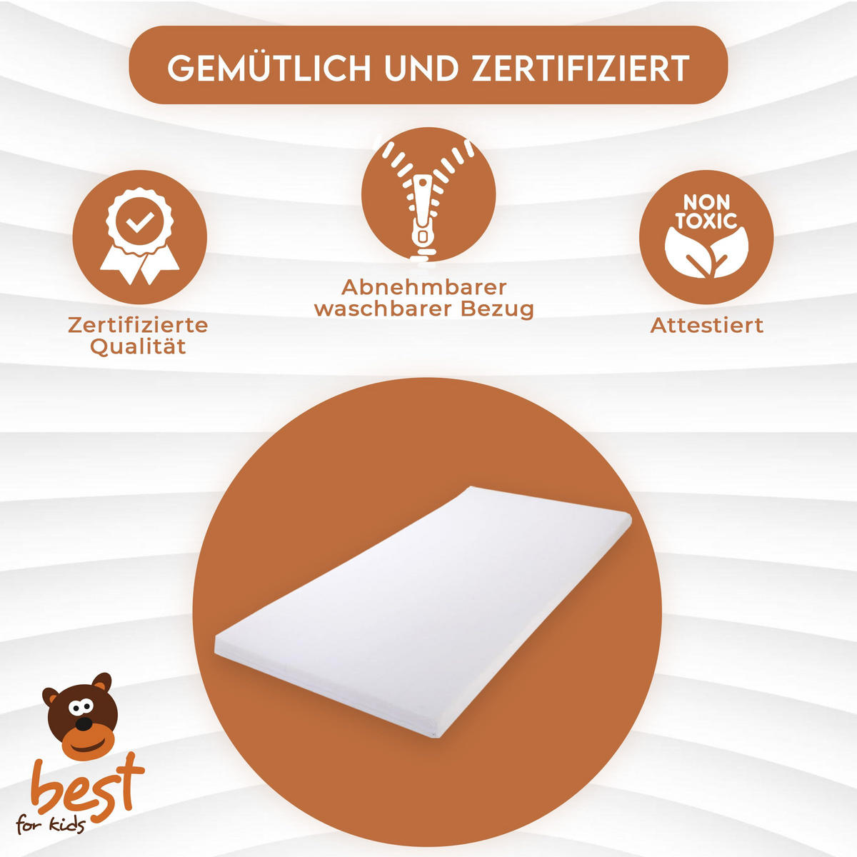 SCHAUMSTOFFMATRATZE 90/180 cm, KALTSCHAUM, für Kinderbett, mit Reißverschluss - Weiß, Naturmaterialien - Best for Kids