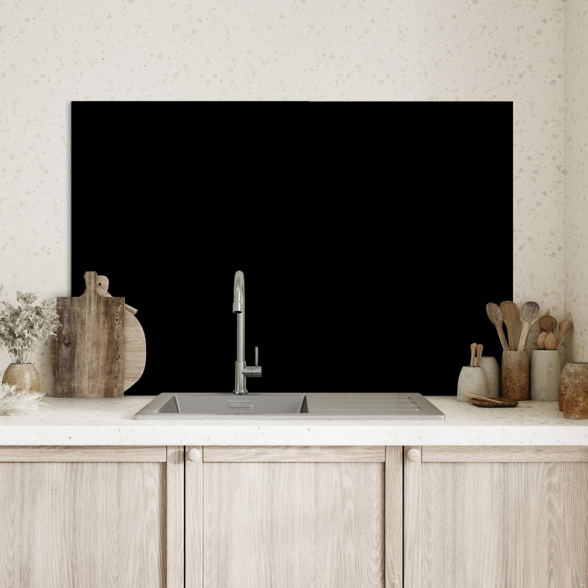 SPRITZSCHUTZ KÜCHE Schwarz - Einfarbig 90x60 cm - Schwarz, Metall (90/0.3/60cm) - MuchoWow