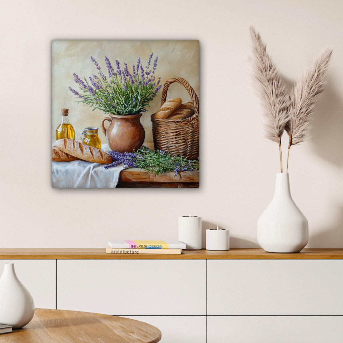 LEINWANDBILD Lavendel - Brot - Stilleben 50x50 cm - Flieder, Textil (50/50cm) - MuchoWow