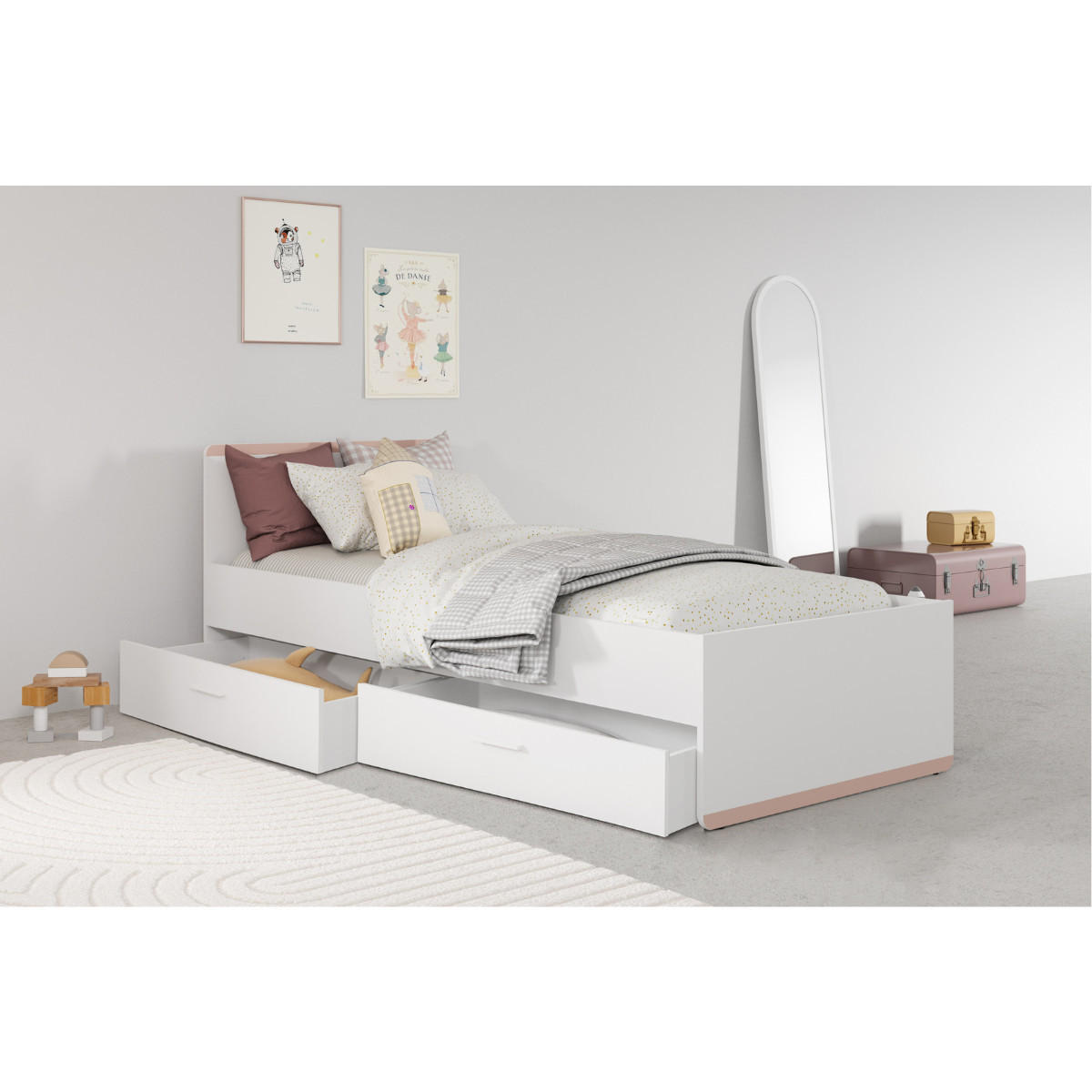 BETT in Weiß, Sturmblau und Aprikose mit einem Set von 2 Schubladen 95/202,8/80,6 cm - Weiß, Holzwerkstoff (190/90cm) - Calicosy