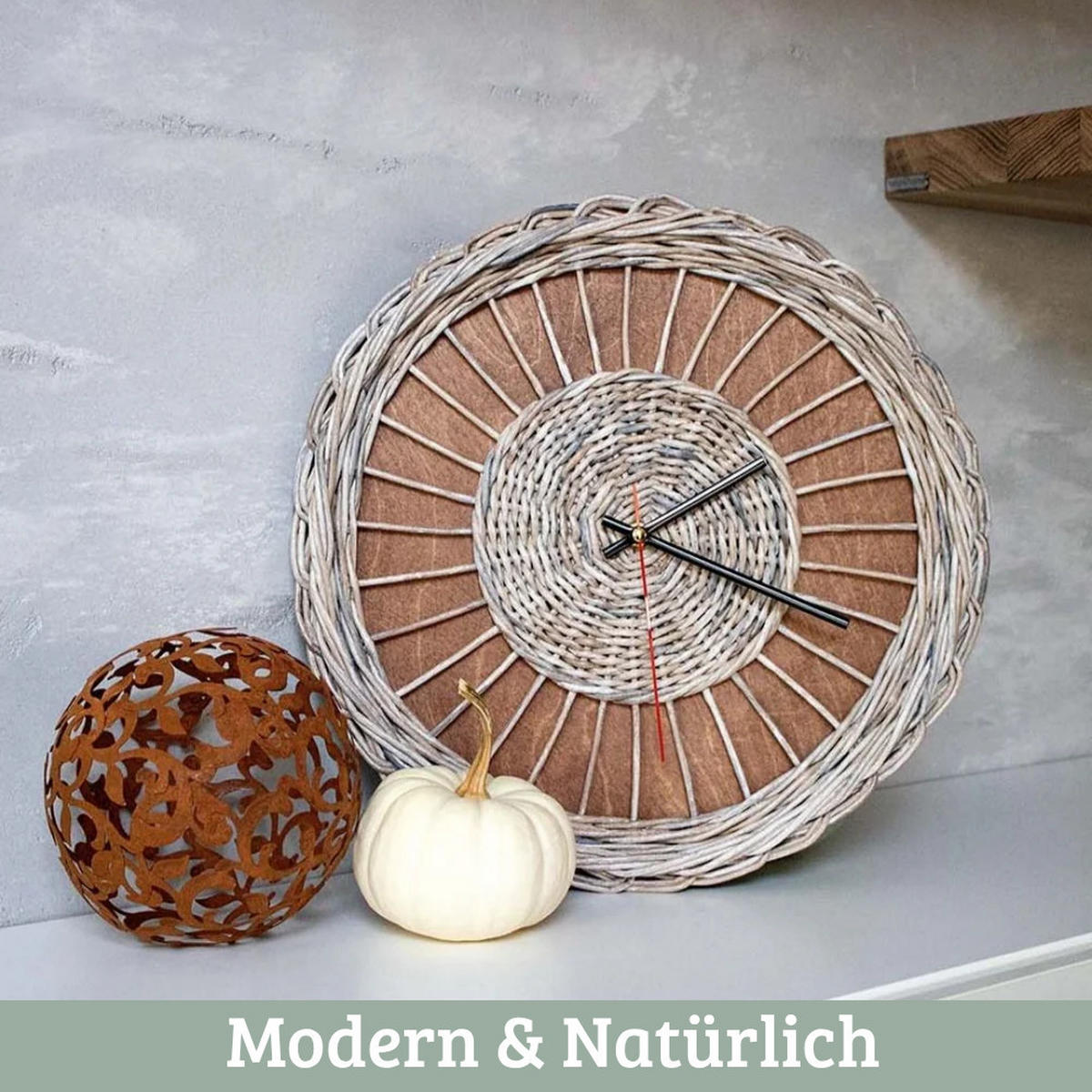 WANDUHR groß Holz RATTAN 37 cm ⌀ Massivholz Geräuschlos - Braun, Holz (37/37/4cm) - DELUKE