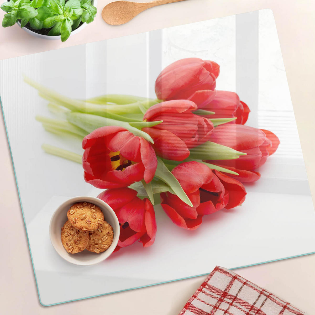 GLASPLATTE 60x52 cm Rote Tulpen - Rot, Glas (60/0.4/52cm) - TULUP