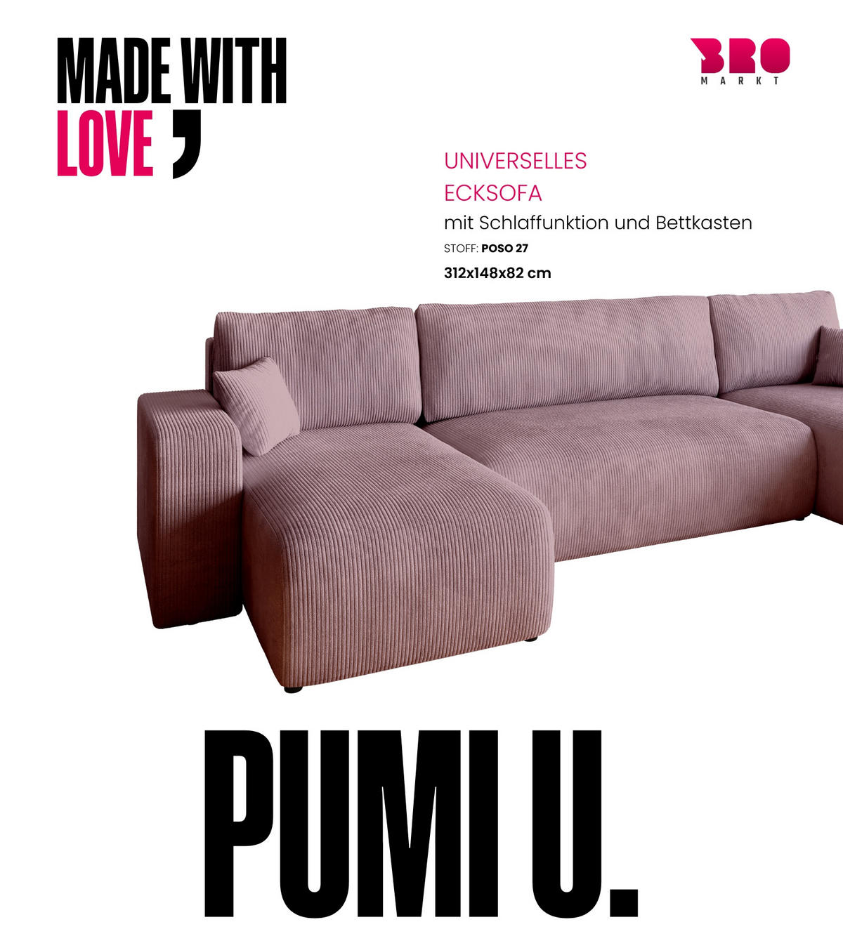 WOHNLANDSCHAFT PUMI mit Schlaffunktion Rosa Cord - Rosa, Textil (312/82/148cm) - Bromarkt