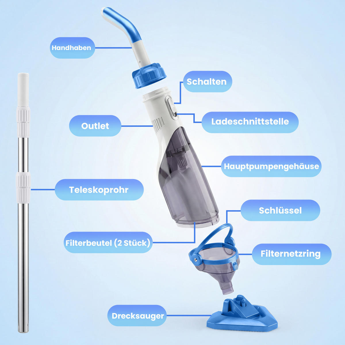 POOLSAUGER ABS Aluminium Blau - Blau, Kunststoff (24/13.5/90cm) - Outsunny