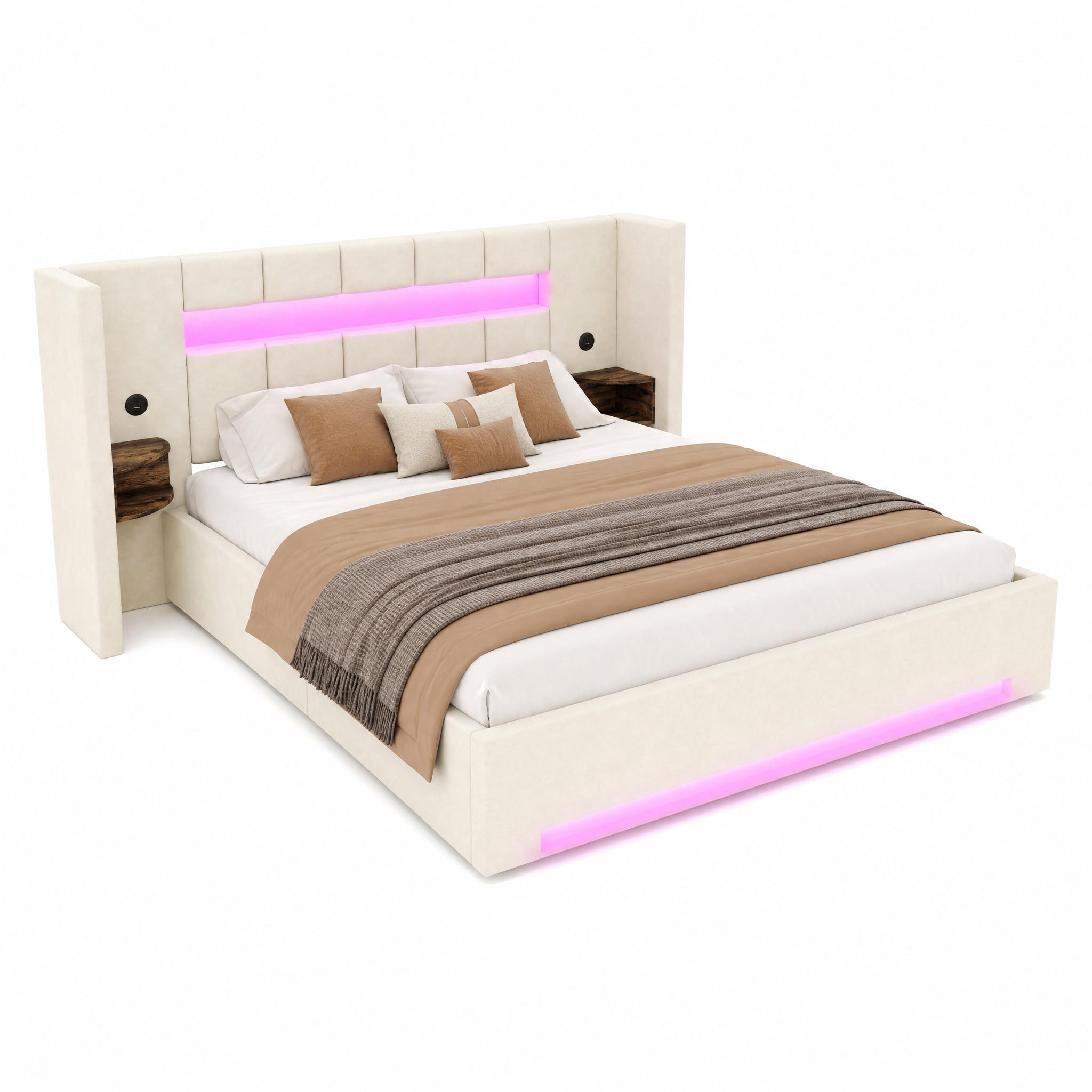 BETT mit USB, LED und Stauraum 180x200 cm Samt Beige - Beige, Metall (180/200cm) - Meubliv