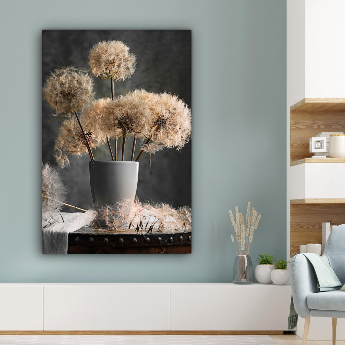 LEINWANDBILD Blumensamen - Löwenzahn - Vase - Stilleben - Blumenstrauß 80x120 cm - Dunkelgrau, Textil (80/120cm) - MuchoWow