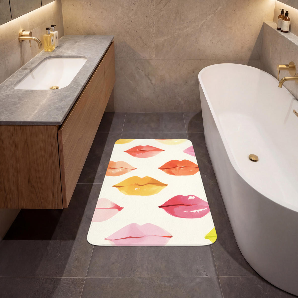 KOUPELNOVÁ PŘEDLOŽKA Rty - barevné - lesklé 60x90 cm - růžová, textil/plast (60/90cm) - OnlyWow