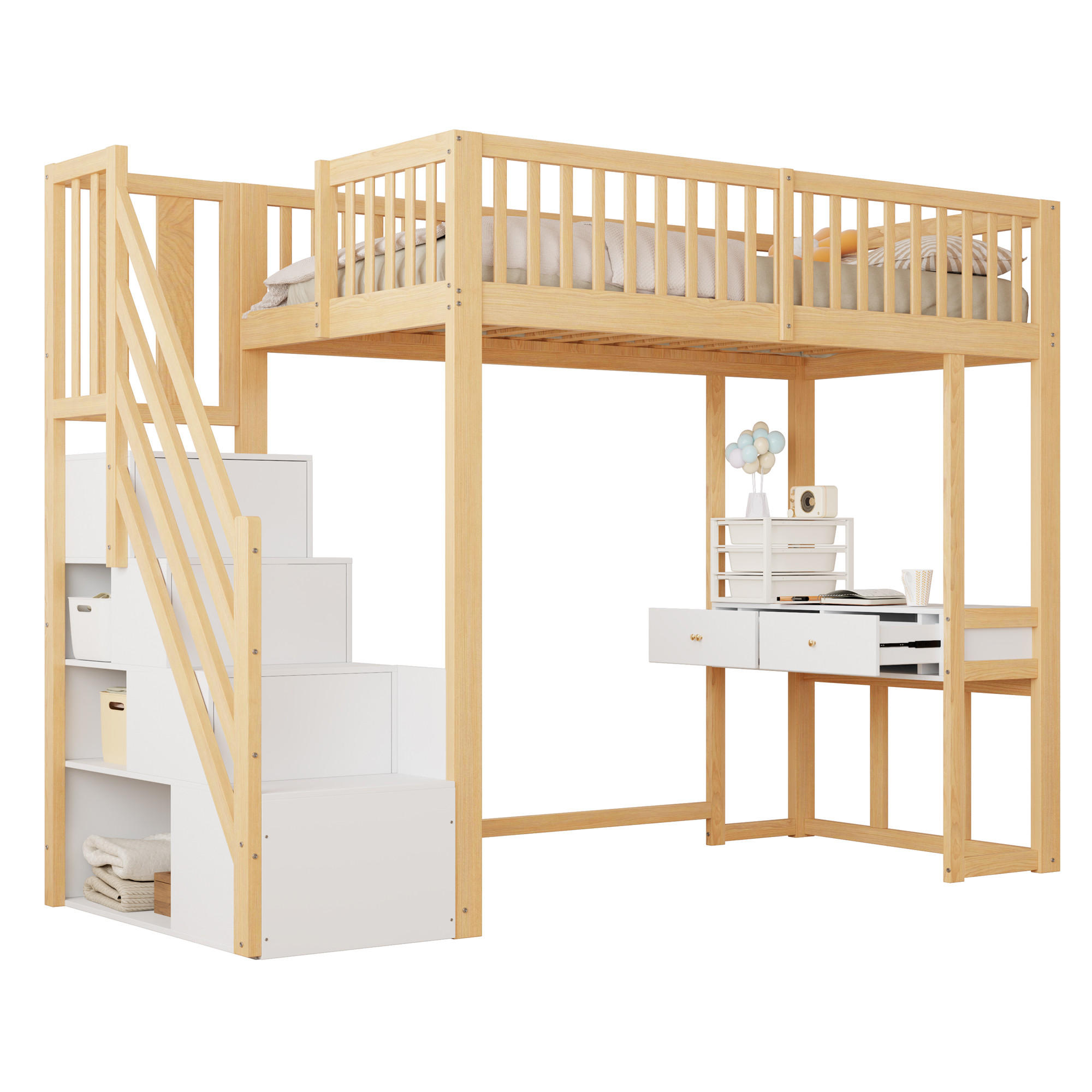 HOCHBETT 90/200 cm DE-01182, in Weiß & Eiche, mit Tisch und Stauraum-Treppe - Eichefarben, Holz (90/200cm) - ComfortXL