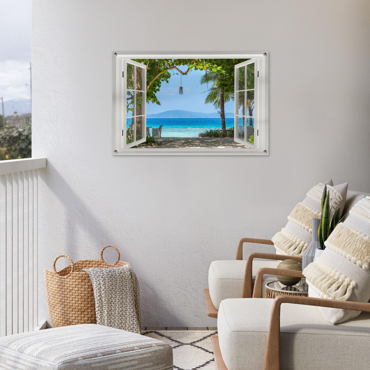 ZAHRADNÍ PLAKÁT Výhled - Strom - Moře - Palma - Kopce - Pláž - Modrá 90x60 cm - bílá, plast (90/60/0.2cm) - OnlyWow