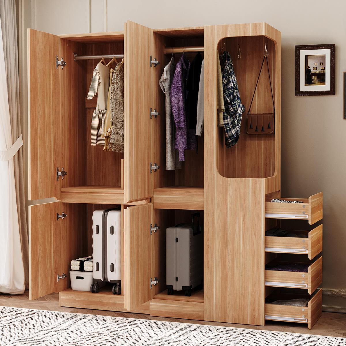 KLEIDERSCHRANK 162.5/40/170 cm natur aus Holz mit Schubladen und offenem Hängefach - Nussbaumfarben, Holzwerkstoff (162.5/170/40cm) - OKWISH