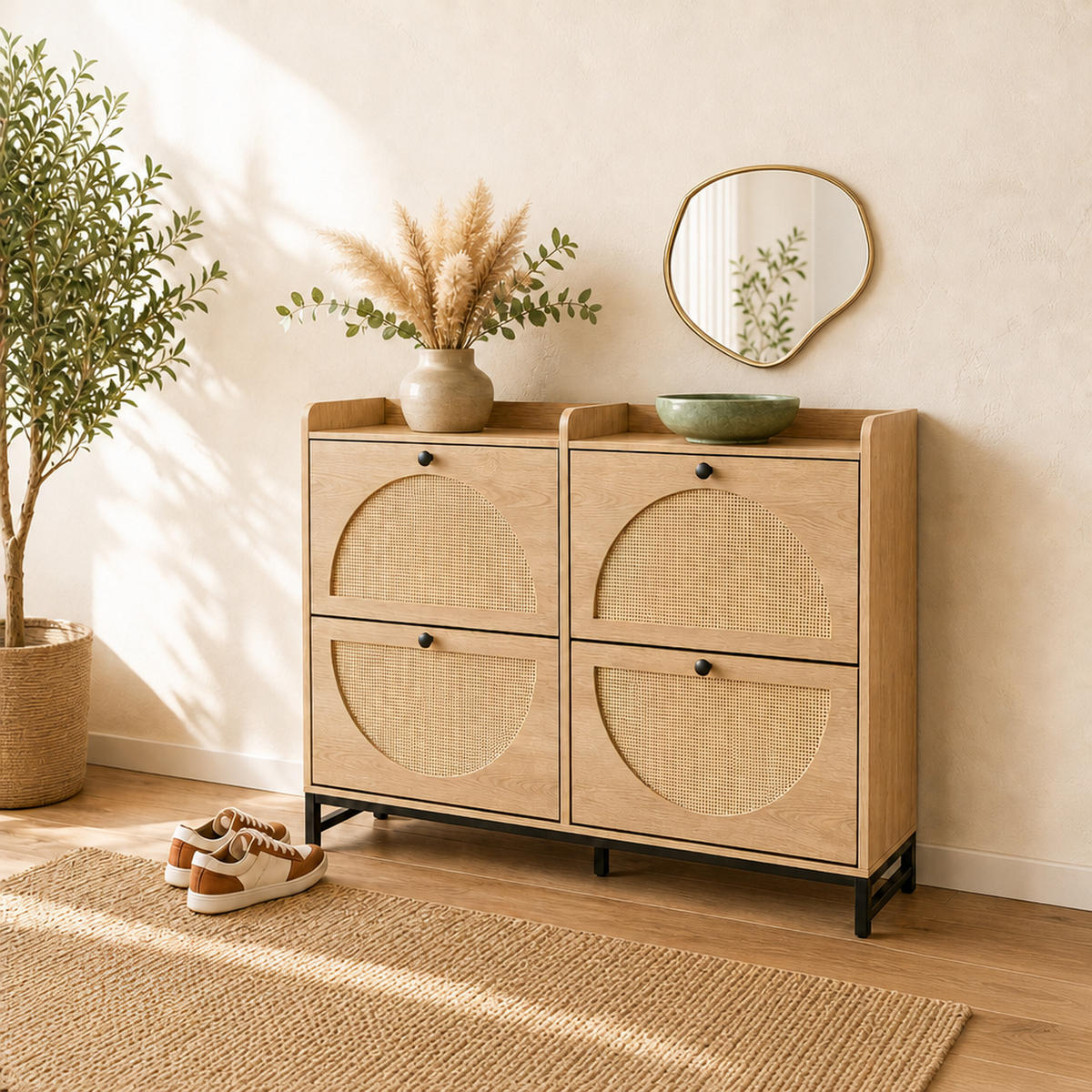 SCHUHSCHRANK Natur Rattanoptik 4-Klappen 90x120x24 cm - Hellbraun, Holzwerkstoff/Metall (120/90/24cm) - Relaxdays