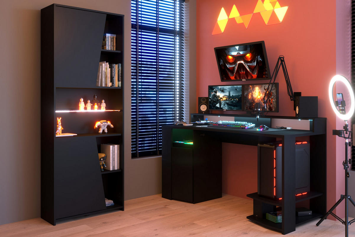 GAMING MÖBEL 2 in Schwarz 2 teilig Gamingzimmer mit Beleuchtung - Schwarz, Holzwerkstoff (120/200/80cm)