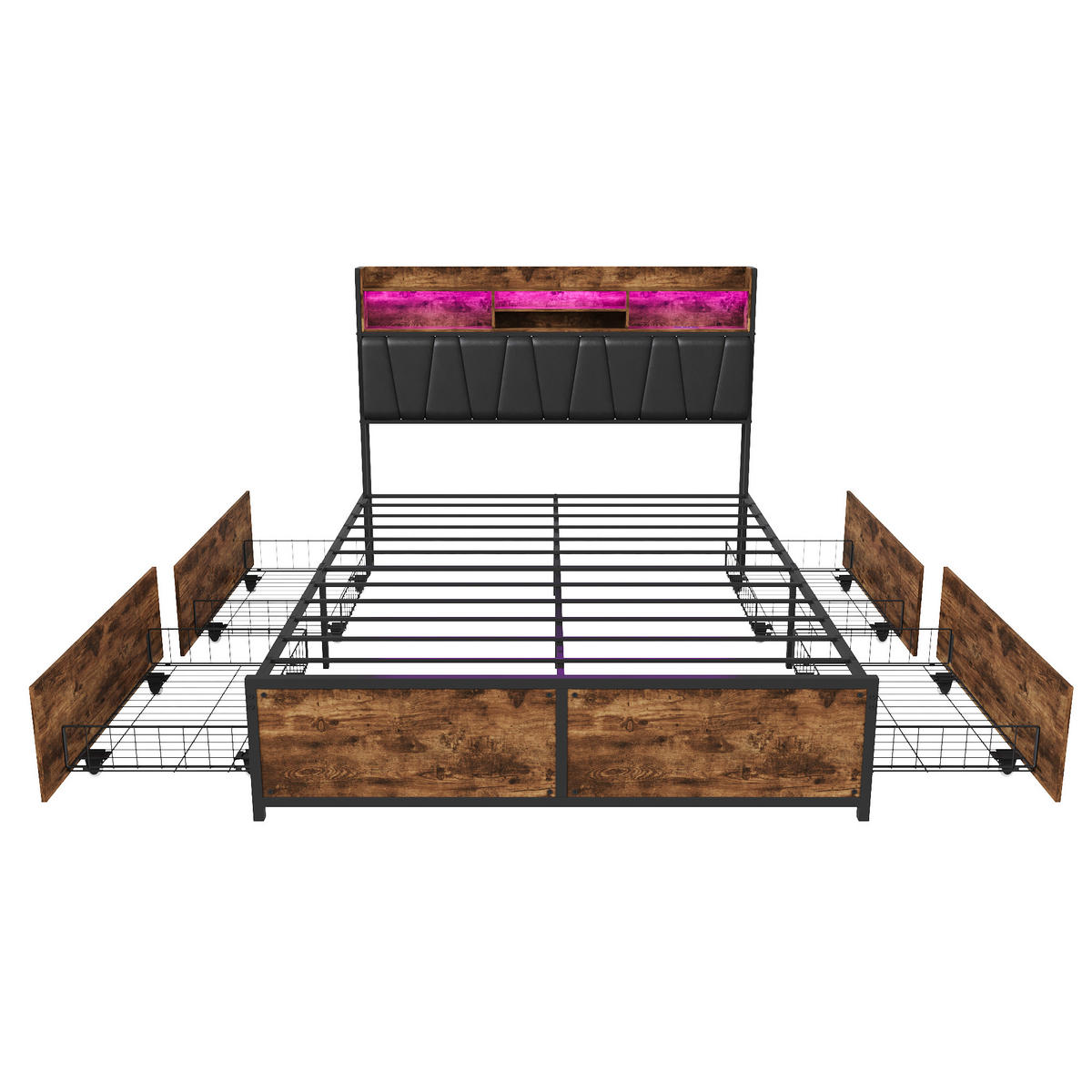 POLSTERBETT 140x200 cm Schwarz mit LED, USB-C & 4 Schubladen - Schwarz, Holz (140/200cm)