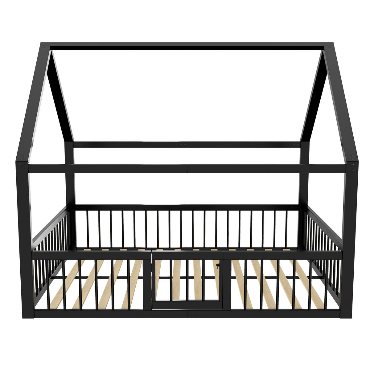 KINDERBETT 140/200 cm schwarz aus Metall mit Dach und Gitter - Schwarz, Metall (140/200cm) - OKWISH