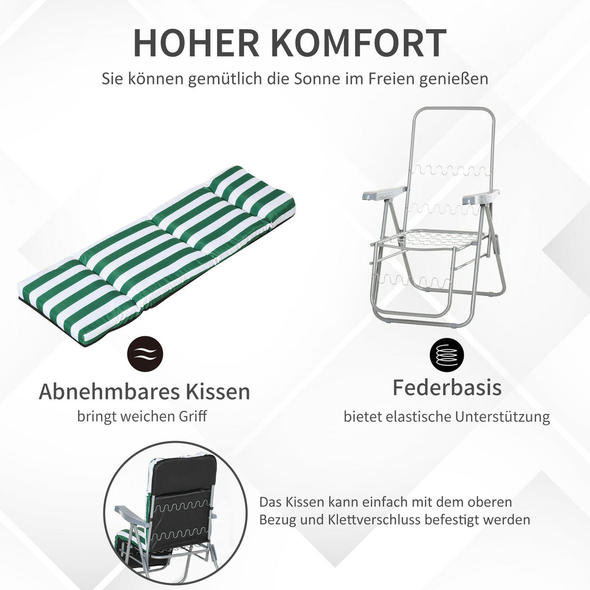 LEHÁTKO, 5 poloh, ocel, polyester, pěna, zelená - zelená barva, plast (75/102/60cm) - Outsunny