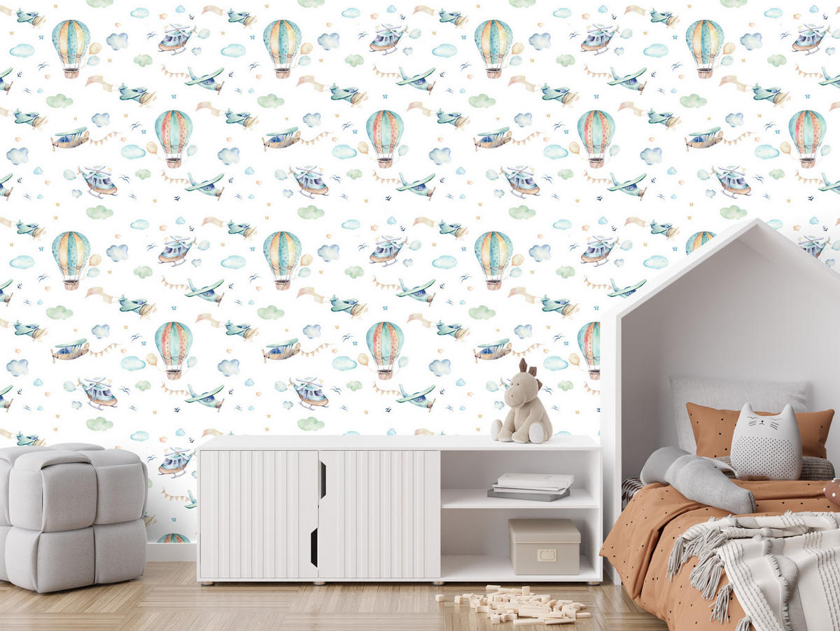 VLIESTAPETE Flugzeuge, Hubschrauber und Ballons – Pastellbunt, Weiß – 50x1000 cm - Multicolor/Weiß, Papier (50/1000cm) - Muralo