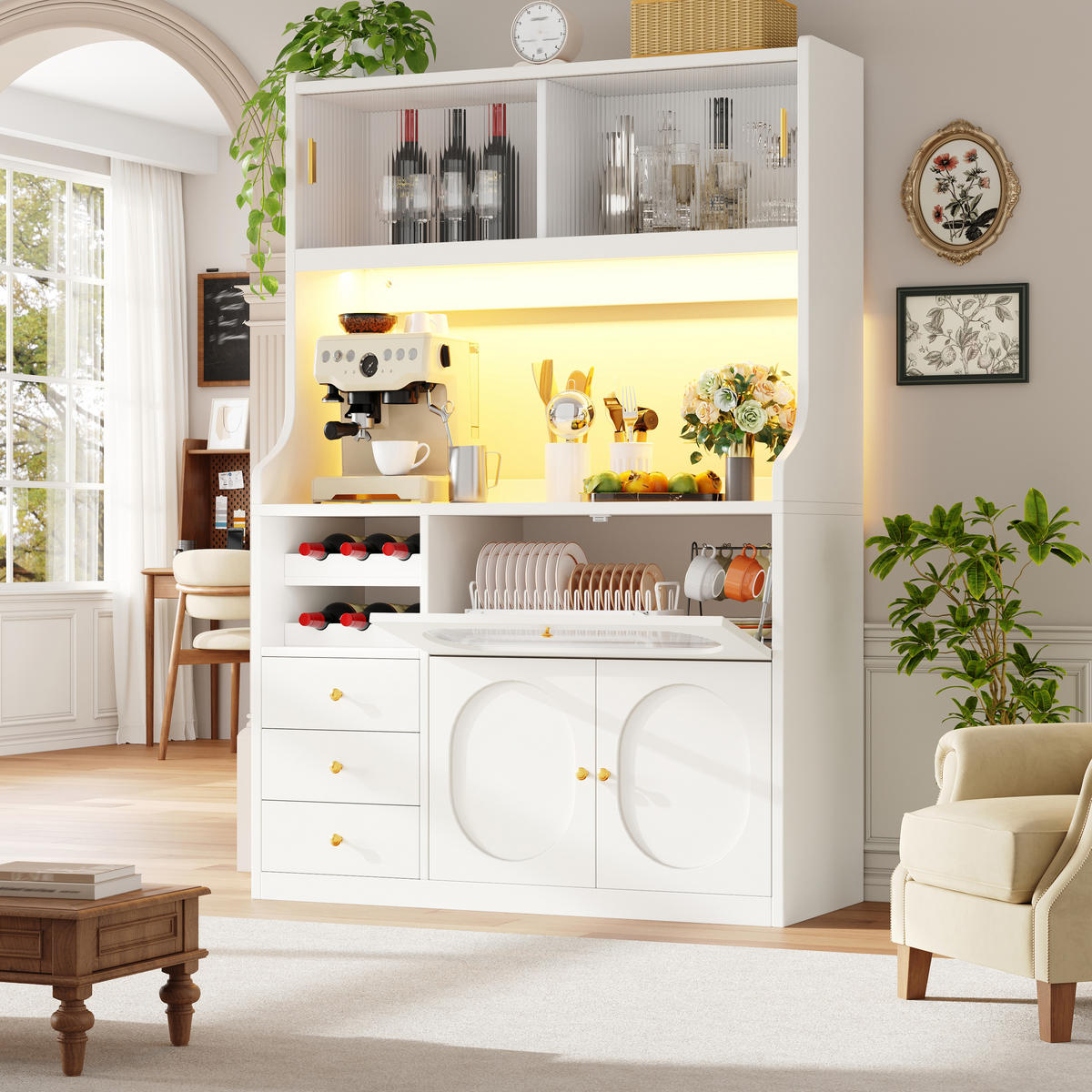 BUFFET DE-38487 120/40/180 cm mit LED-Beleuchtung und Weinregal Weiß - Weiß, Holzwerkstoff (120/180/40cm) - ComfortXL