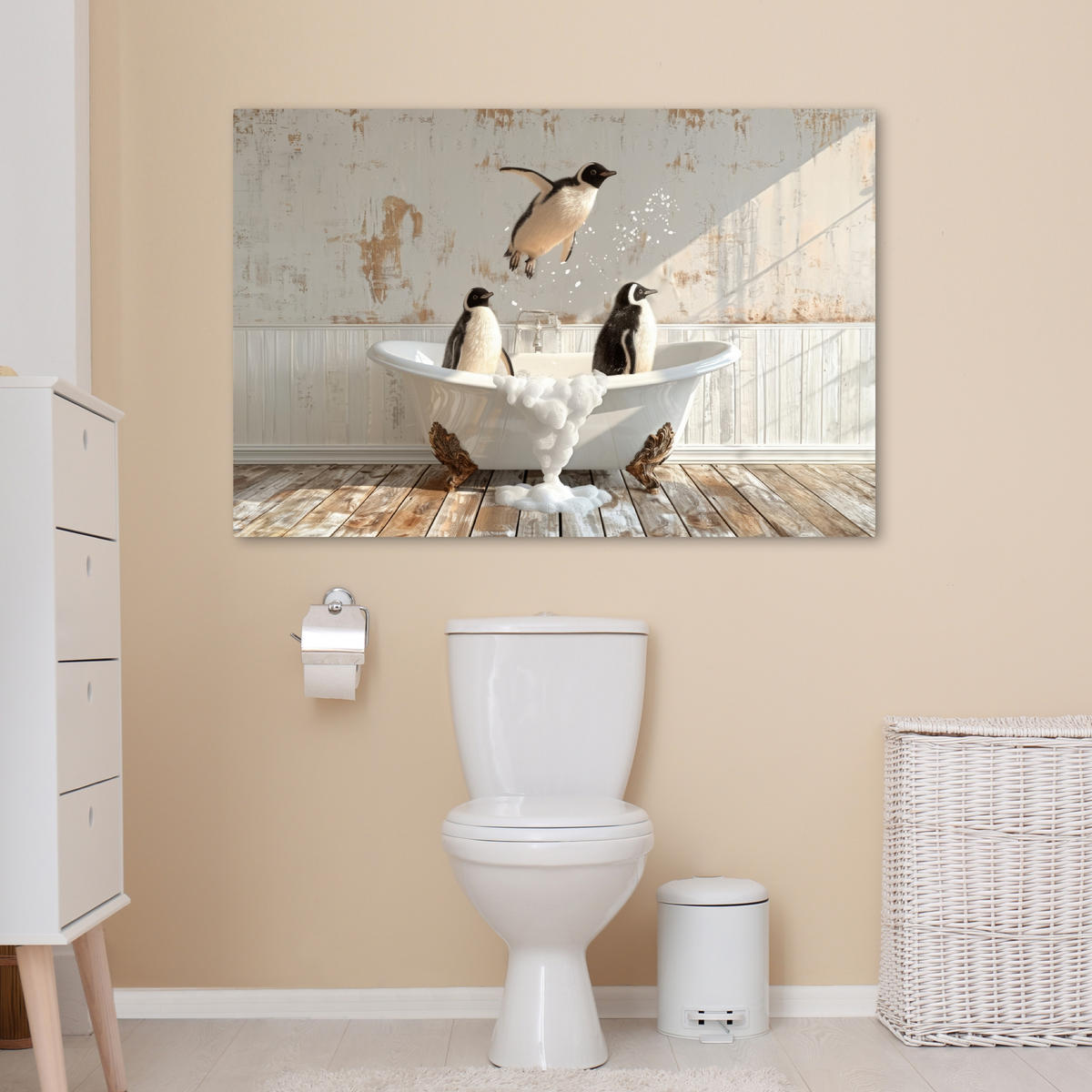 LEINWANDBILD Vintage - Pinguin - Badewanne - Schaumstoff Wohnzimmer 120x80 cm - Schwarz, Textil (120/80cm) - MuchoWow