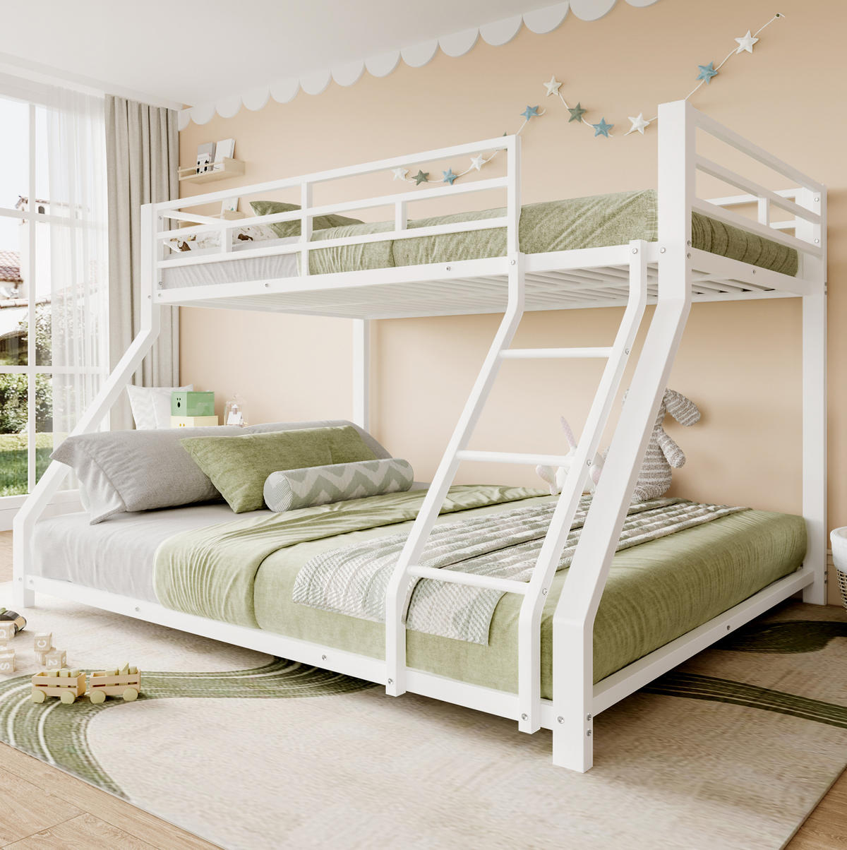 ETAGENBETT aus Metall 90x200/140x200 cm in Weiß mit Treppe und Geländer - Weiß, Metall (90/200cm) - Modenvie