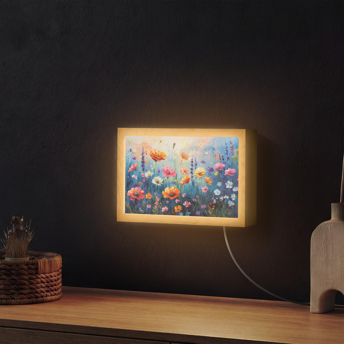 NÁSTĚNNÁ LAMPA Květiny - Příroda - Akvarel - Umění 30x20 cm - různobarevná, kompozitní dřevo (30/20/8cm) - OnlyWow