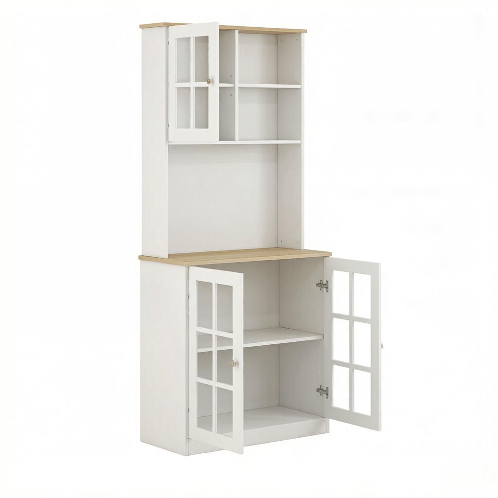 BUFFET DE-38812 80/37/183 cm, Glastüren und Arbeitsplatte Weiß - Weiß, Holzwerkstoff (80/183/37cm) - ComfortXL