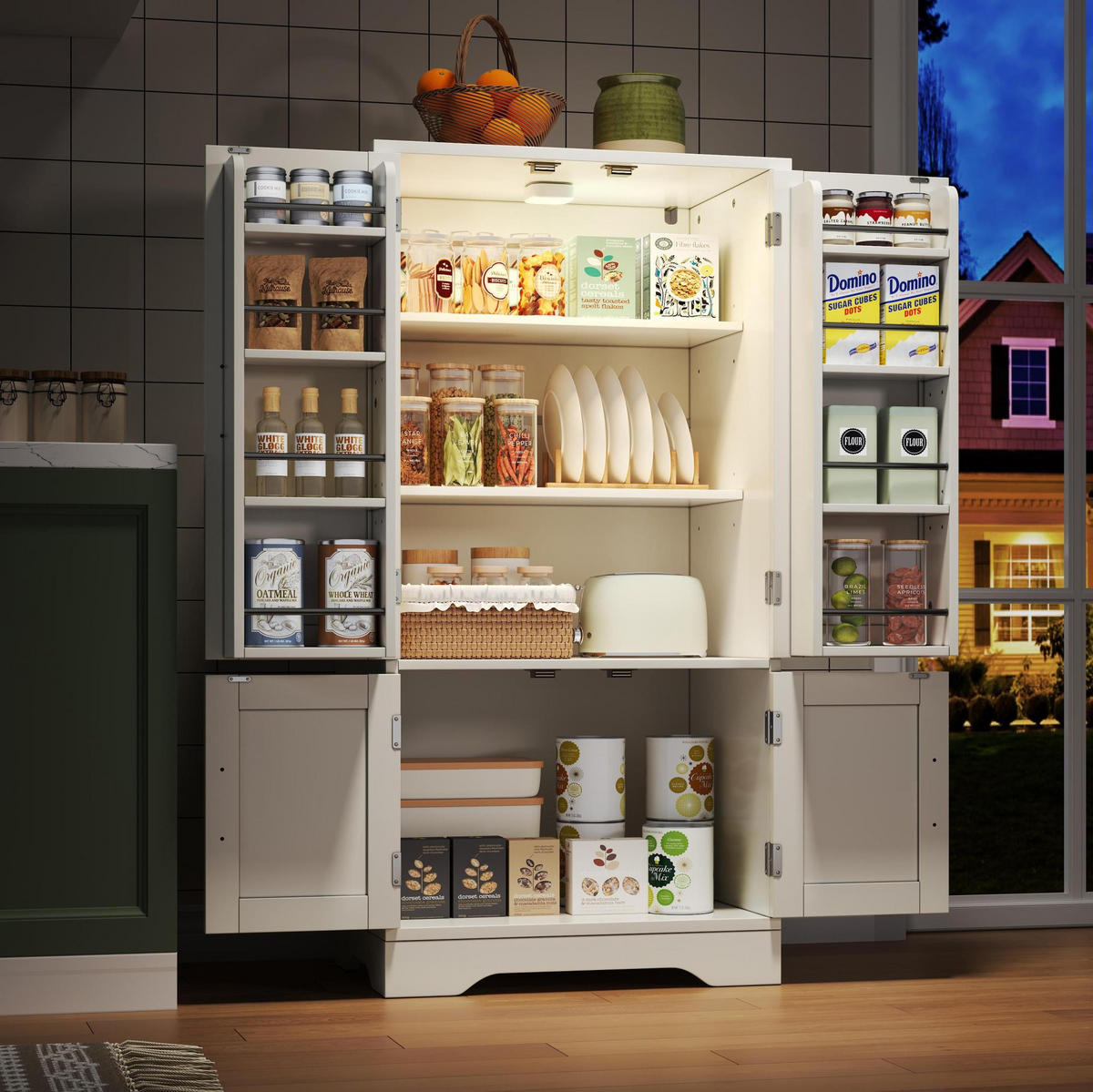 BUFFET 120/60/40 cm in Weiß mit LED-Beleuchtung und 4 Türen - Weiß, Holzwerkstoff (60/120/40cm) - Flora Grace