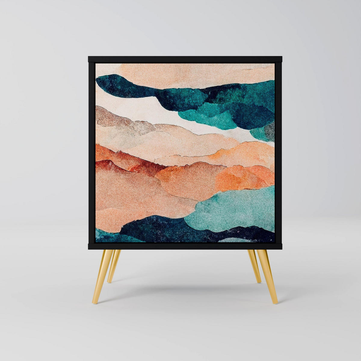 SIDEBOARD ABSTRACT LANDSCAPE, Schwarz, 57,5x42x72,5 cm, Schwarze Metallfüße - Multicolor/Schwarz, Holzwerkstoff/Metall (57.5/72.5/42cm) - SpaceRebels