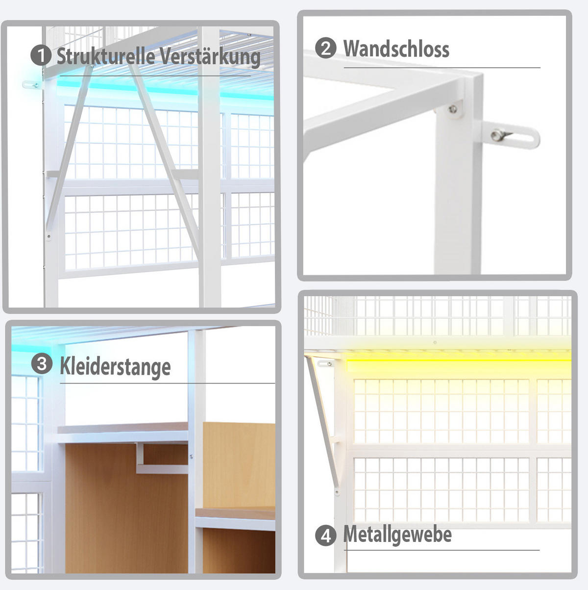 HOCHBETT 140/200 cm Weiß aus MDF und Metall mit Stauraum und LED-Beleuchtung - Weiß, Metall (140/200cm) - OKMYHOME