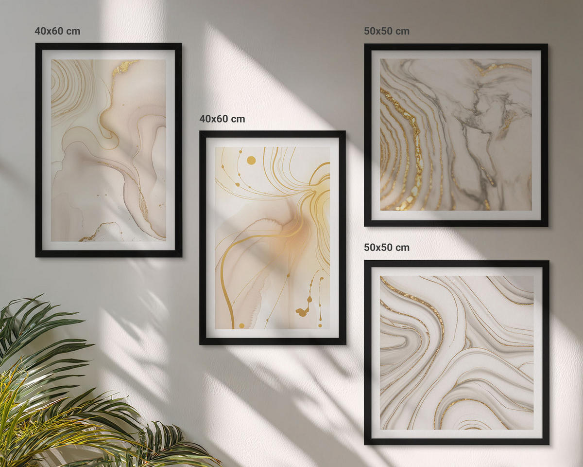 BILDER SET 4er Set - 50x50 cm & 40x60 cm Schwarzer Rahmen - Subtile abstrakte Muster - Schwarz, Kunststoff (50/50cm) - TULUP