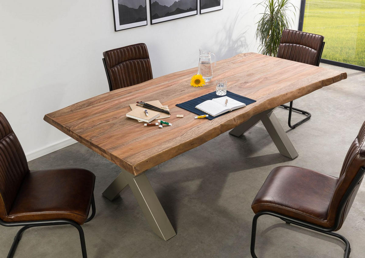 BAUMTISCH Sheesham 200x100x77 grau gebeizt / X-Beine silber matt FREEFORM 5 - Silberfarben/Grau, Holz (200/100/77cm) - Massivmoebel24